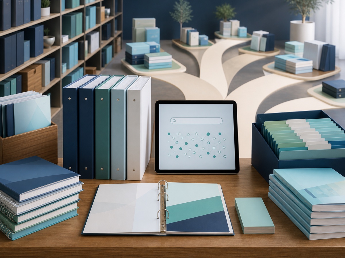 An organized catalog of educational binders, workbooks, and digital resources connected to a search and data system.